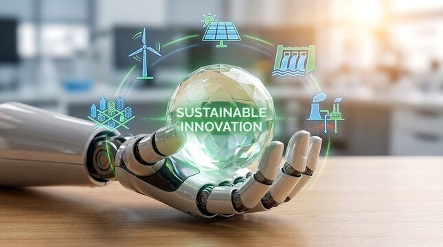 Robotic hand holding a glowing crystal sphere with sustainable innovation text and clean energy icons representing future technology and environmental progress in a modern office