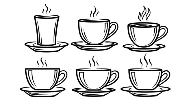 A lineup of steaming coffee cups and mugs on a table with cozy caf&eacute; vibe.