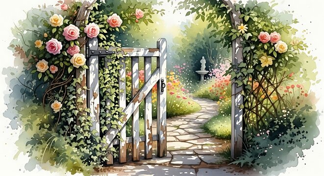 Rustic wooden gate opening into a beautiful blooming garden