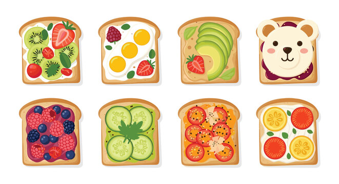 Assortment of healthy and creative breakfast toast slices topped with fruits, vegetables, eggs, and bear-shaped yogurt decoration.