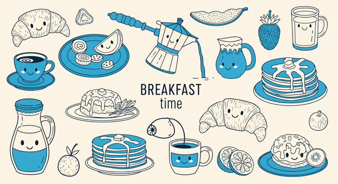Illustrated breakfast scene featuring pancakes, drinks, and assorted morning foods.
