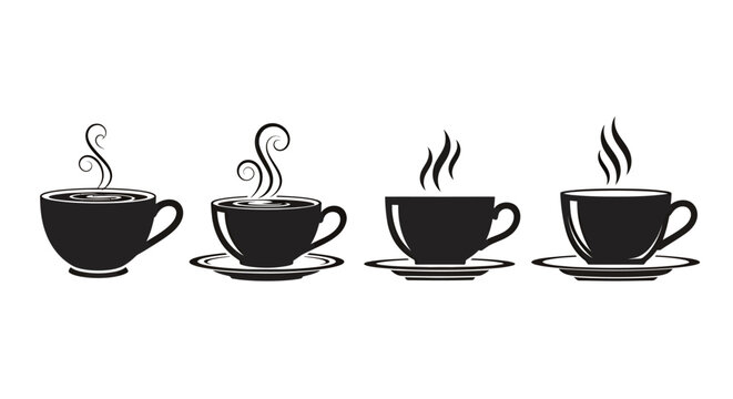 Four steaming coffee cups arranged in a row with saucers in a minimal black silhouette illustration.