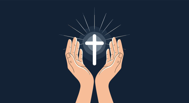 Pair of hands gently framing a white glowing cross symbol to represent faith, religion, prayer, and spiritual hope against a dark background.