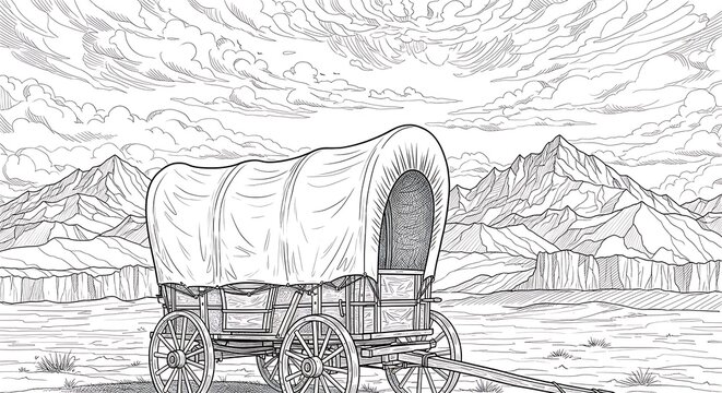 Covered wagon in a mountain landscape line art illustration