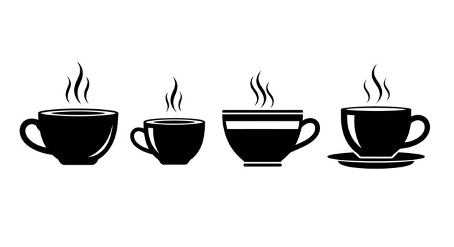 Set of four steaming coffee cups arranged in a neat row, illustrating a simple monochrome drinkware scene.