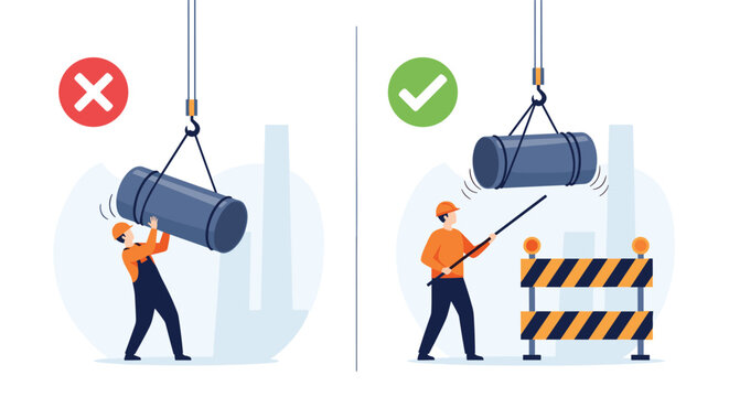 Construction site safety comparison showing dangerous versus safe lifting practices using a crane and barriers.