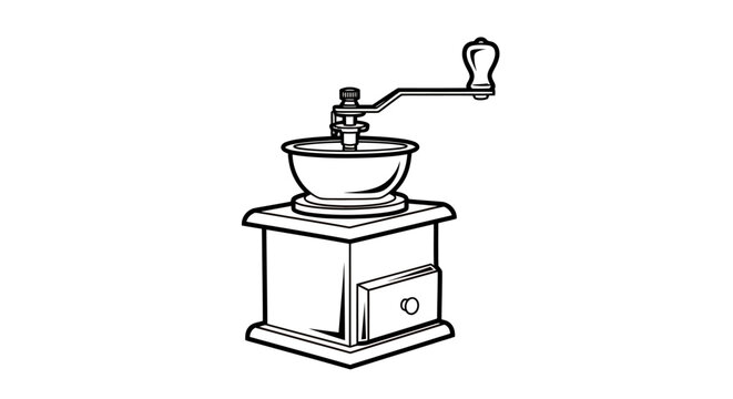 Vintage manual coffee grinder with crank and drawer in a rustic kitchen setting.