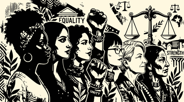 Diverse women united for equality and justice, symbolizing strength and sisterhood.