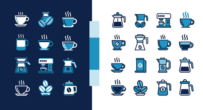 Blue and white coffee cup icon set for graphic design projects and branding.