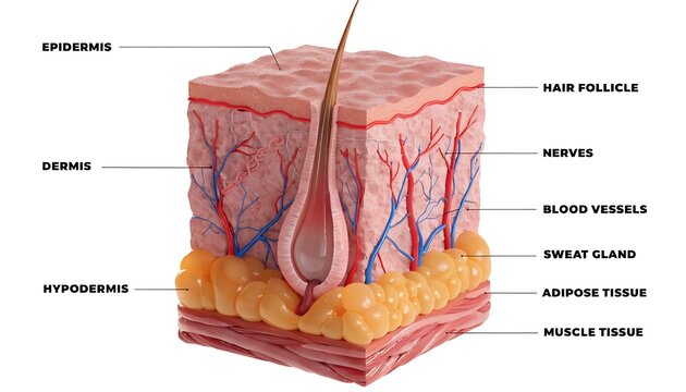 Detailed cross section diagram of human skin anatomy layers and structures in 3D illustration