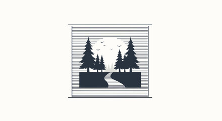 Fototapeta premium Minimalist Pine Forest Landscape with Moon and Birds Silhouette
