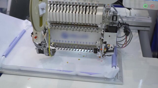 Industrial embroidery machine automatically stitching patterns on white fabric in textile manufacturing factory.
