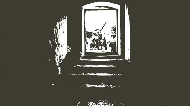 Dark Staircase Leading to Bright Open Doorway with Silhouetted Figures Outdoors