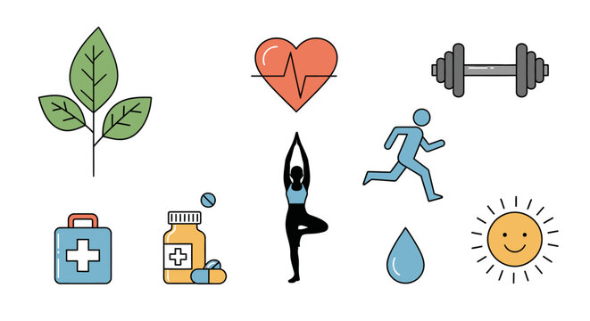Healthy Lifestyle Icons: Health, Fitness, Wellness, Nature, Medical & Sports