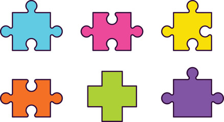 Naklejka premium Colorful Jigsaw Puzzle Piece Vector Icon Set with Interlocking Shapes and Business Solution Strategy Metaphor Elements for Connective Teamwork Designs