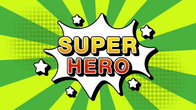 Super Hero text word lettering popup comic cartoon reveal with bomb and smoke explosion manga anime book page dots with radial speed lines doodle green background with seamless loop animation retro