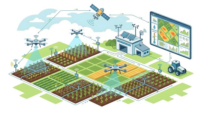 Smart farming technology illustration drones satellites and data analysis