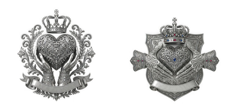 Ornate silver claddagh emblem featuring a heart held by hands under a crown with decorative scrollwork isolated on transparent background