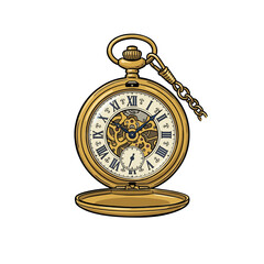 Fototapeta premium Vintage Open Brass Pocket Watch With Skeleton Movement Exposed Gears Roman Numerals And Attached Metal Chain Antique Timepiece Vector Illustration