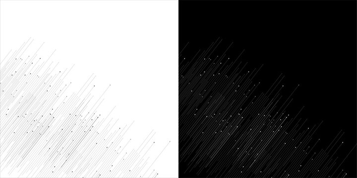 Abstract diagonal line pattern with dots vector illustration set. Simple black and white geometric speed lines layout, minimalist monochrome linear rain texture isolated