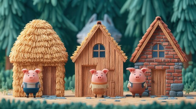 Three cute pigs standing in front of their straw wood and brick houses