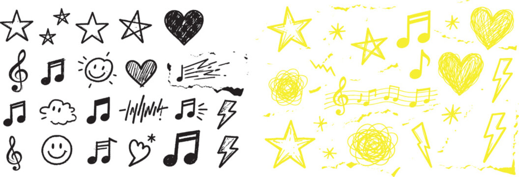 Hand drawn doodle set with stars hearts music notes and smiley faces in black and yellow sketchy style for graphic design