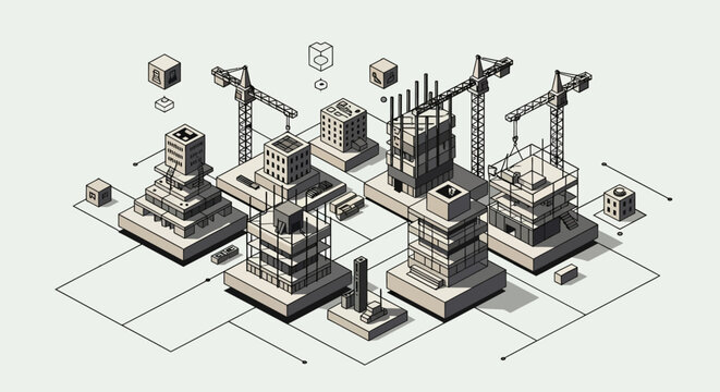 Detailed isometric architectural urban development project showing construction sites with cranes and modern building frameworks in minimalist monochrome vector style