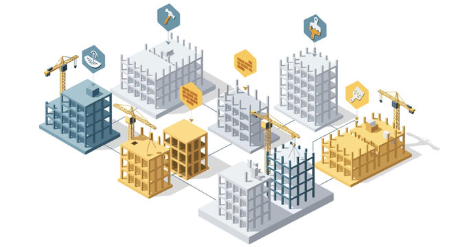 Isometric Modular Construction Site Illustration Featuring Buildings Under Development and Industrial Cranes