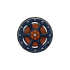 Fototapeta premium Vintage Hand Drawn Film Reel With Navy Metal Frame, Orange Celluloid Wound Around Circular Spokes And Rim Holes, Detailed Illustration Suitable For Retro Cinema Graphics Vector Illustration