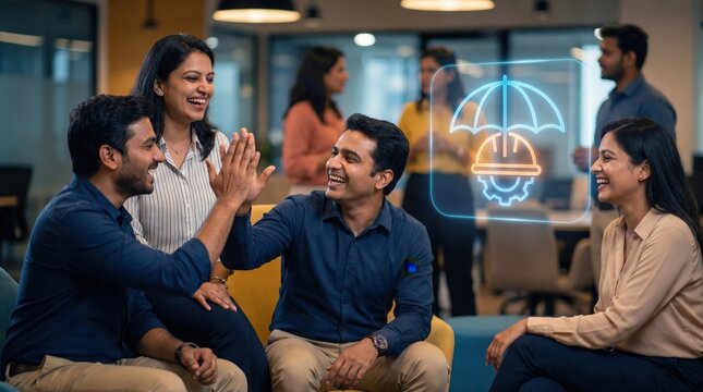 Indian Corporate Team Celebrating Safety and Protection: Joyful Coworkers with Floating Holographic Umbrella and Safety Gear Icons