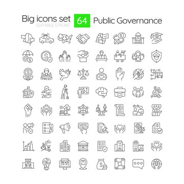 Public governance line icons set. Collaboration between government, private sector and civil society. Isolated vector outline illustrations. Thin lineart iconset symbols. Editable stroke