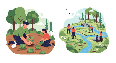 Fototapeta premium People planting trees and gardening for environmental care