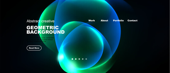 Obraz premium Dark background features vibrant overlapping circles. Text elements include geometric background, navigation options, plus button. Modern design.