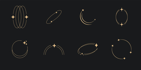 Sparkle star frame. wreath round stardust border for party, birthday decor design. laurel frame with, cosmic glitter shine. isolated black flat vector illustration. © yoojin