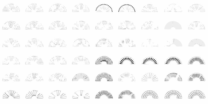Collection Of Fifty Black And White Sunburst Ray Patterns On A White Background rays