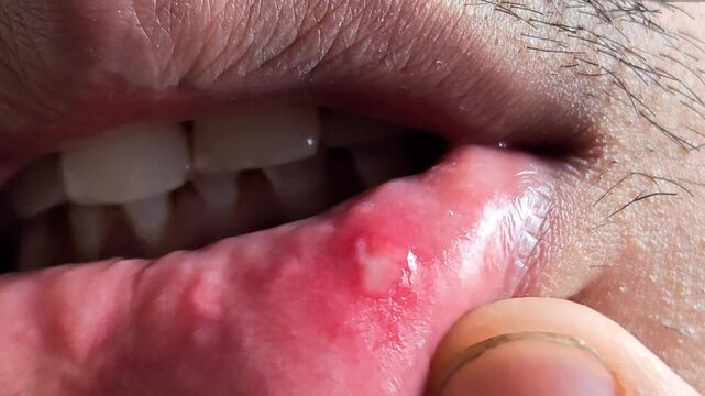 Closeup of a man showing a painful mouth ulcer or canker sore on the inner side of his lower lip