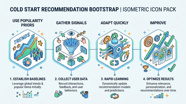 Isometric icons illustrate a cold start recommendation bootstrap process for data analysis and optimization.