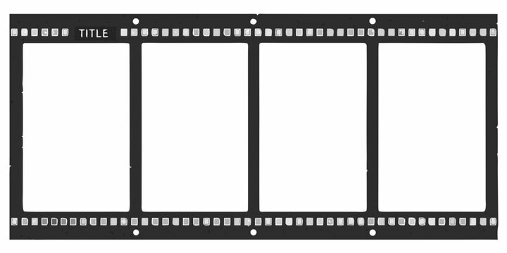 Blank film strip with six frames black border and sprocket holes on a white background