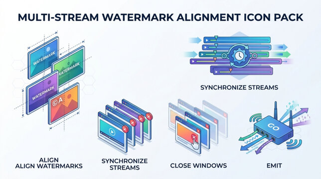 Multi-stream watermark alignment icons illustrate synchronize streams action on computer screens