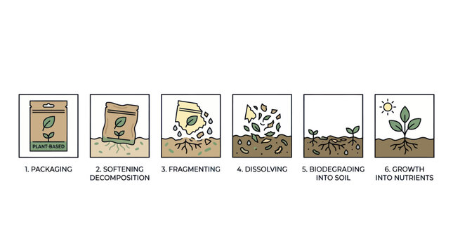 Sequential stages of biodegradable packaging breaking down into soil.