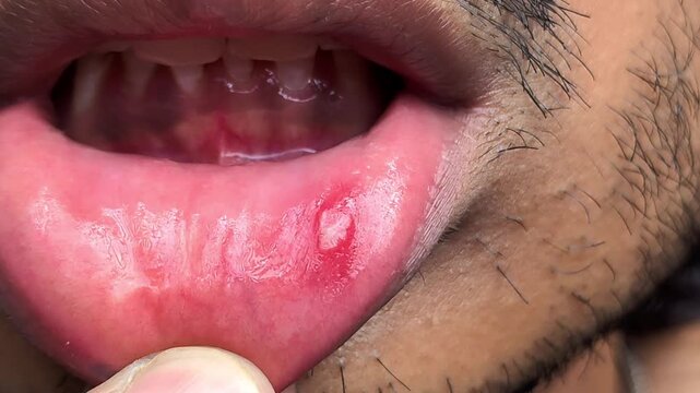 Closeup of a man showing a painful mouth ulcer or canker sore on the inner side of his lower lip