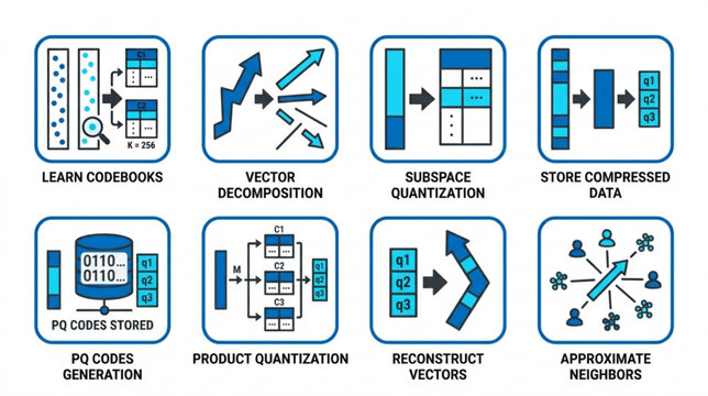 A detailed illustration of various data processing steps and techniques in a technology setting with codebooks, vectors, and algorithms.