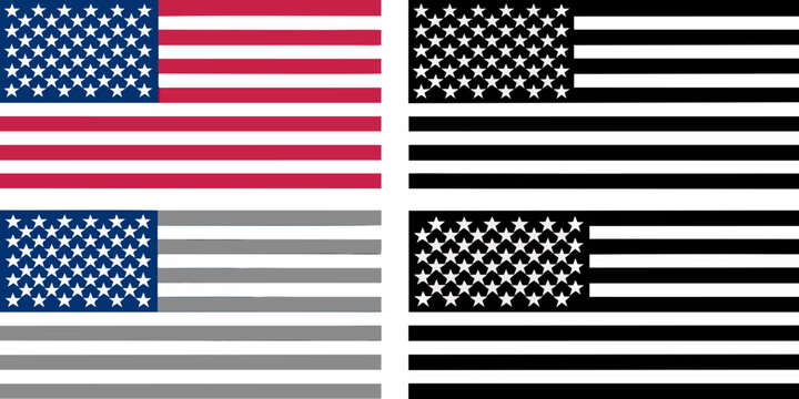 Four variations of the american flag in a flat vector style with contrasting colors