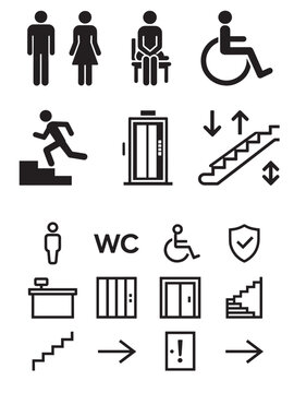 Public facility and wayfinding icon set with restroom elevator stairs escalator and accessibility symbols for building navigation