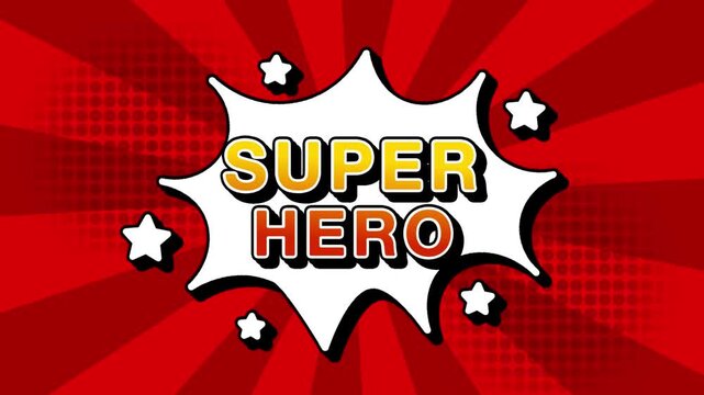 Super Hero text word lettering popup comic cartoon reveal with bomb and smoke explosion manga anime book page dots with radial speed lines doodle red background with seamless loop animation retro
