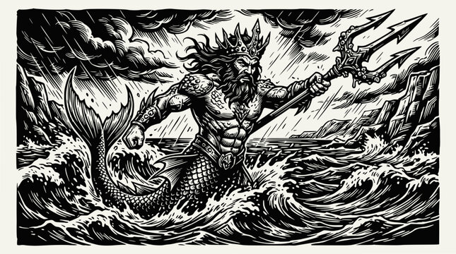 Poseidon, God of the Sea, Wielding Trident in Stormy Ocean Waves