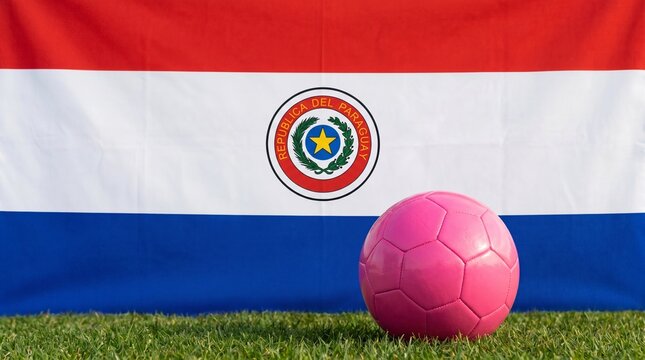 Paraguay soccer spirit pink ball on grass, national flag backdrop, cultural pride, athletic passion, vibrant unity.