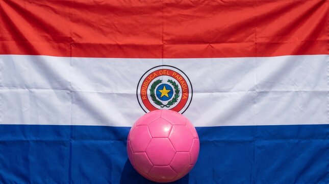 Paraguay soccer pride pink ball foreground, tricolor flag backdrop, national emblem, athletic passion, patriotic unity.