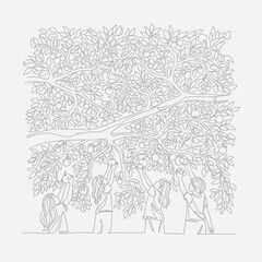 Obraz premium Children picking apples from a tree, vector illustration
