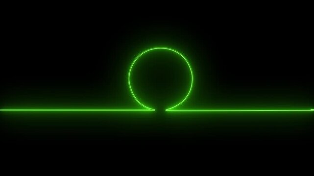 Circle line glows with a vivid green hue while resting upon a horizontal base line set against an opaque black backdrop to represent a minimalist graphic symbol for modern design and technology usage.